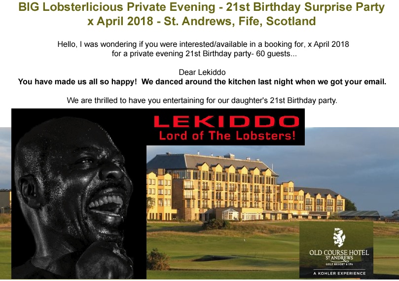 LEKIDDO - Lord of The Lobsters! live a BIG Lobsterlcious 21st Private Evening, Birthday Party - St Andrews, Scotland #PinchyPinchykisskiss