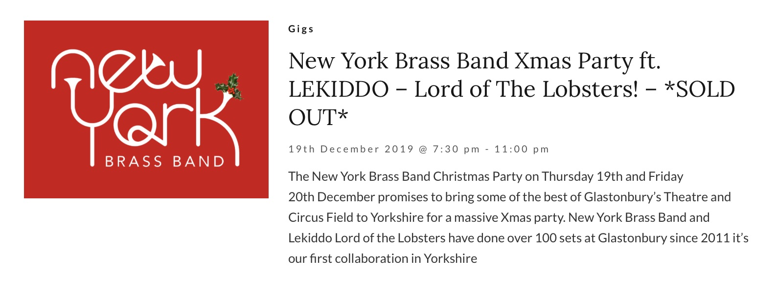 New York Brass Band Xmas Party ft. LEKIDDO â€“ Lord of The Lobsters! â€“ *SOLD OUT*